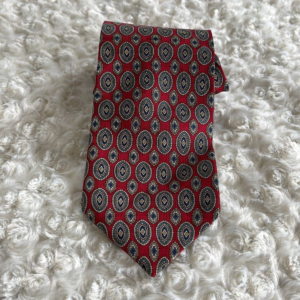 Pierre Balmain Paris Men’s Silk Tie Medallion Print Red Blue Gold Made in USA
